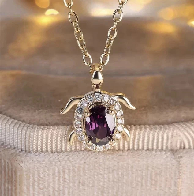 Lab Created Amethyst Halo Set Turtle Pendant 2.00Ct Oval 14k Yellow Gold Plated
