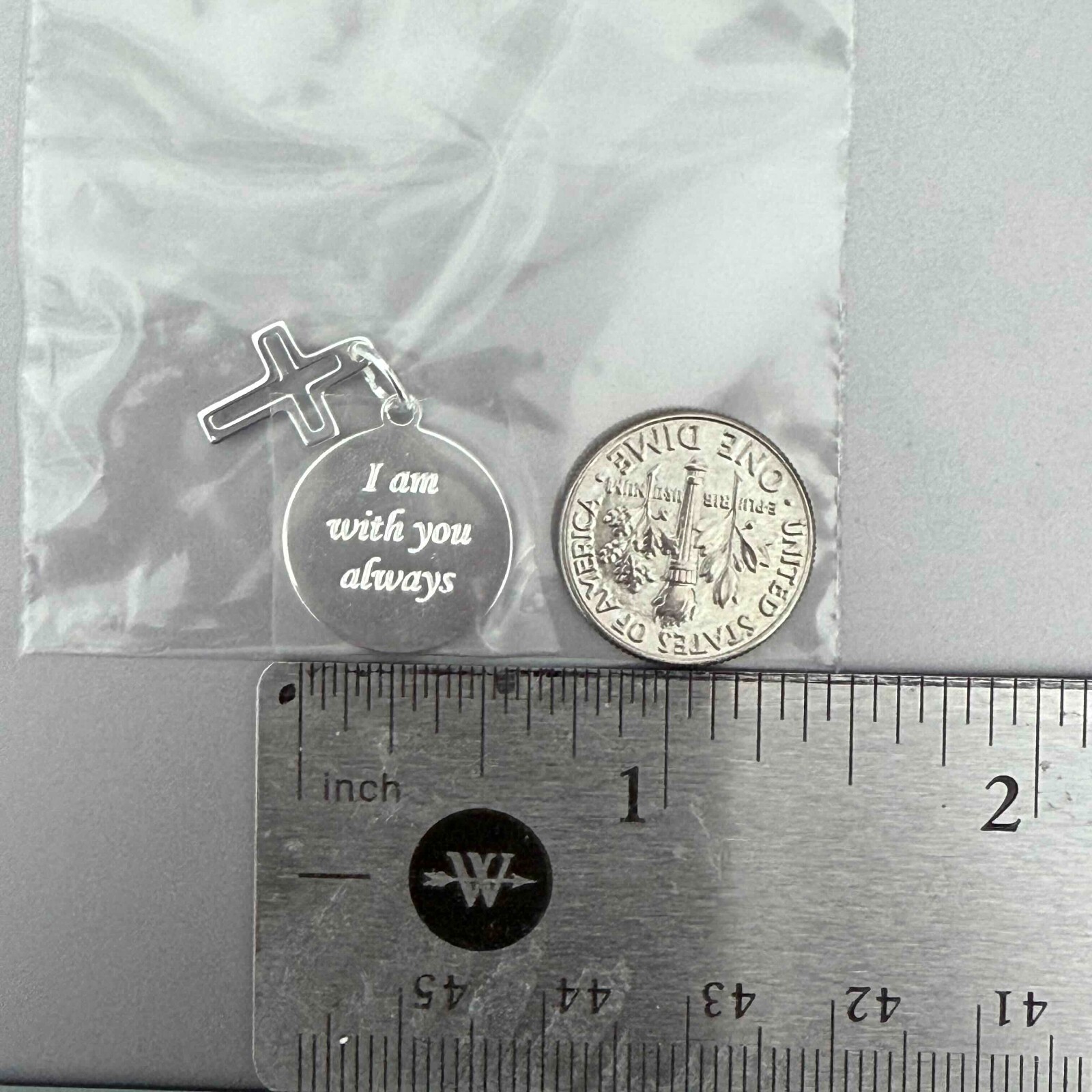 Cross Charm Message Disc Pendent – Sterling Silver, I am with you always