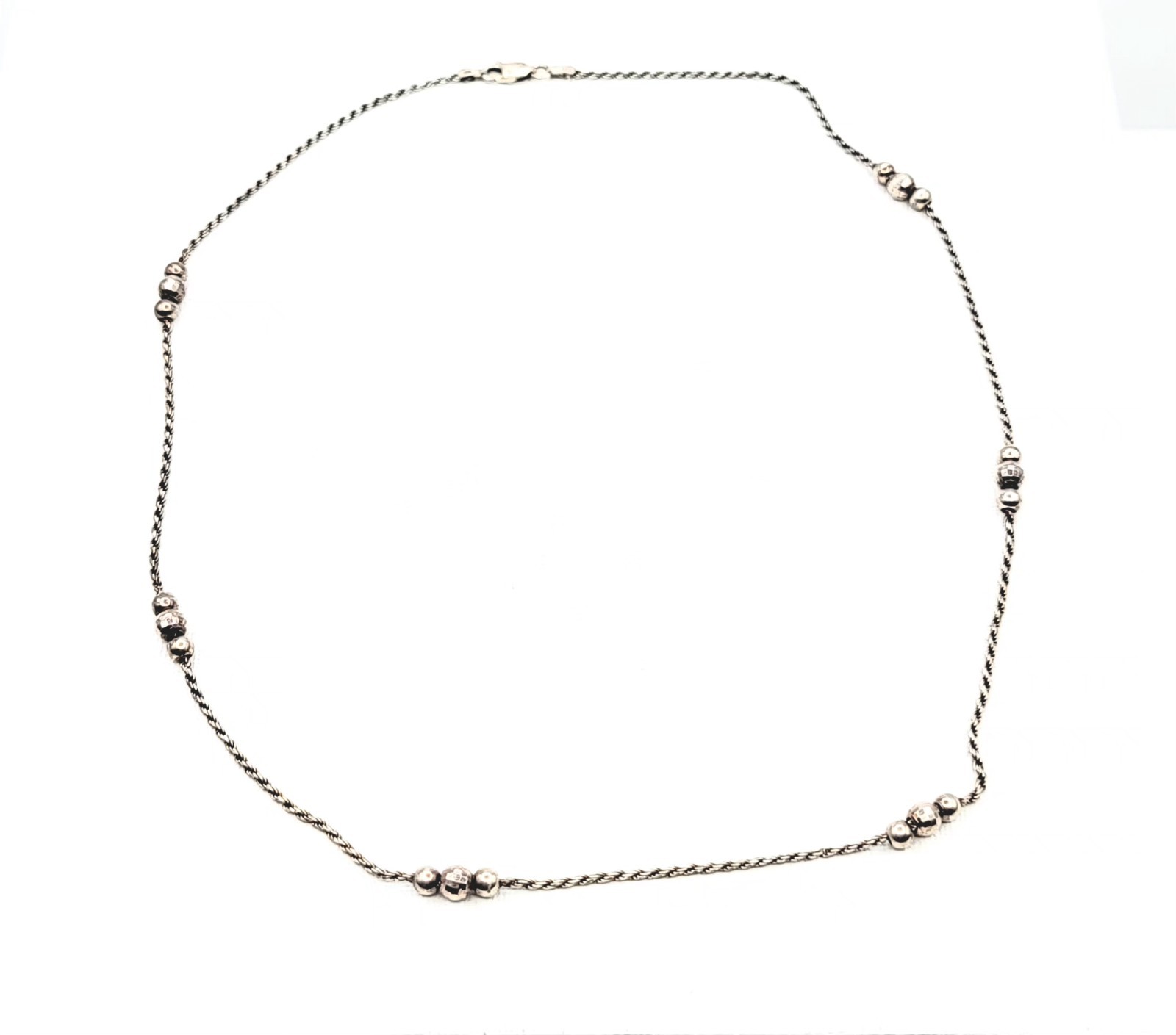 Sterling Silver Faceted & Polished Bead Station Necklace 20″ Textured Rope Chain