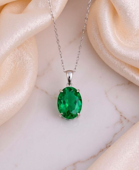 Green Emerald Necklace Statement Gemstone Charm 925 Sterling Silver Pendant’s