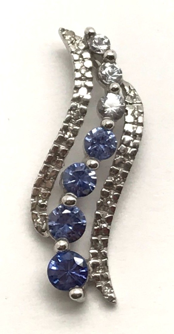 Sterling Silver Channel Set Blue Tanzanite – Diamond Pave Curve Elegant Pendant