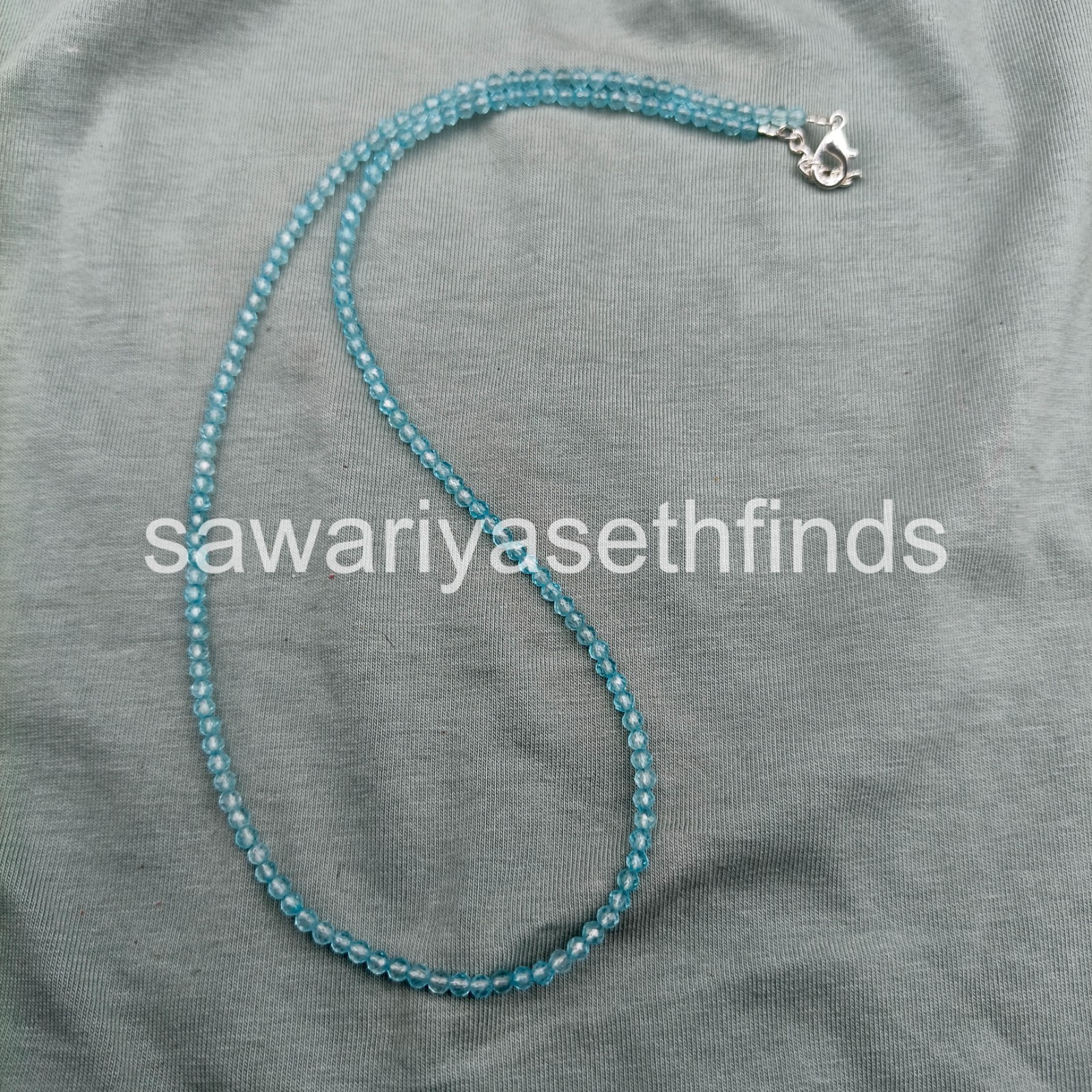 Faceted Blue Topaz 3mm Beaded Necklace, Sterling Silver Clasp, Minimal Layering
