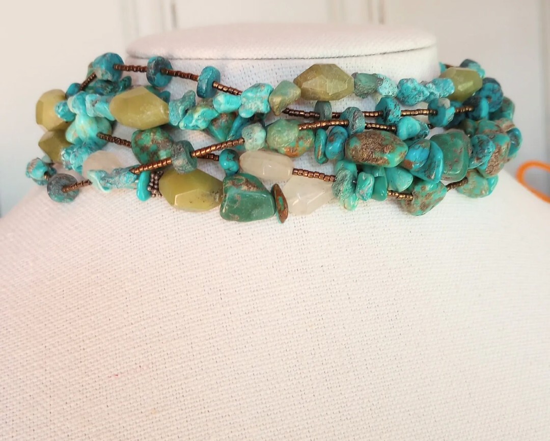Vintage ? Native American ?Stone Bead Choker 6Row Necklace Turquoise Nuggets 925