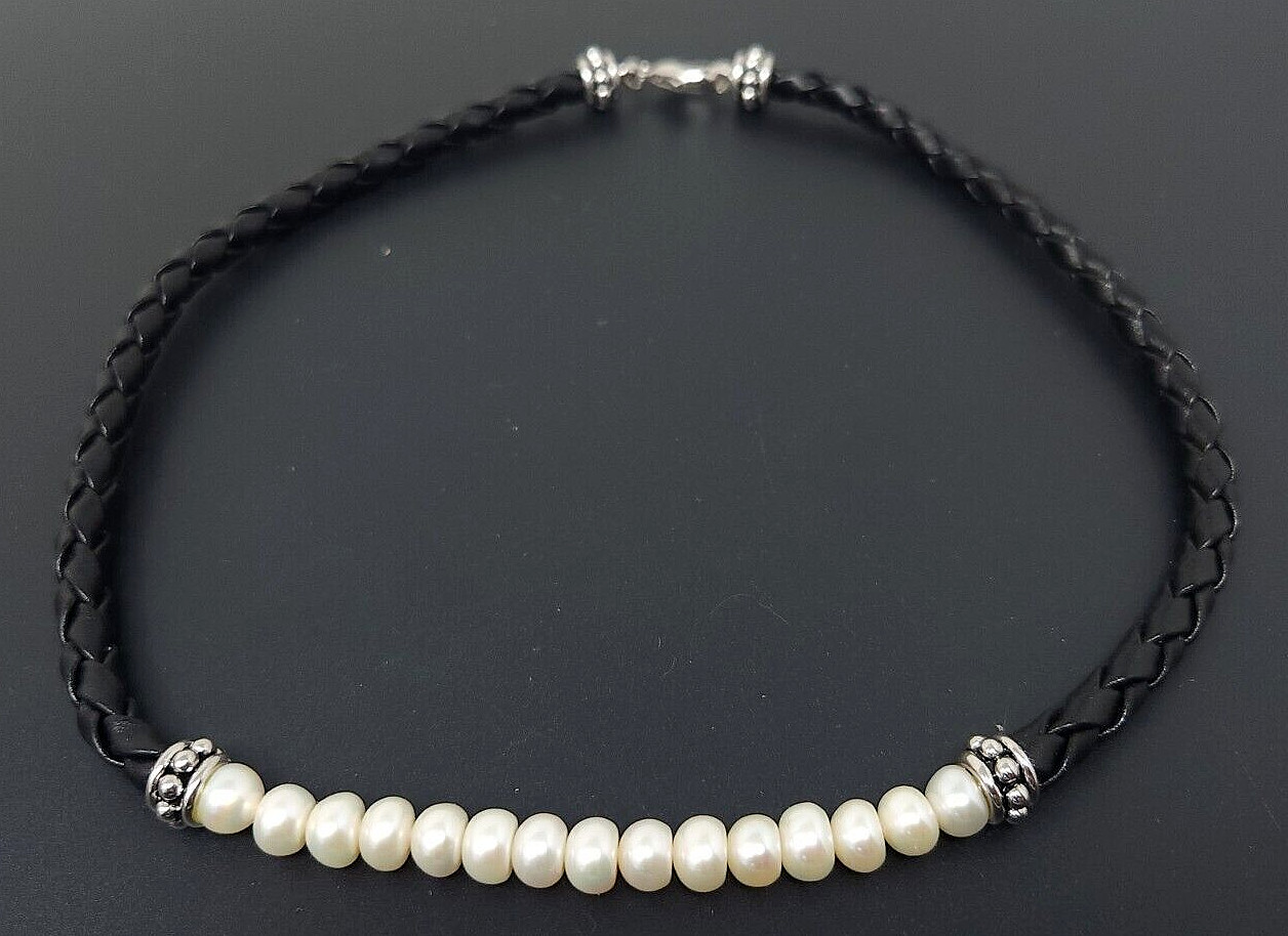 Vintage Honora White Freshwater Pearl Sterling Silver Black Leather Necklace 17″