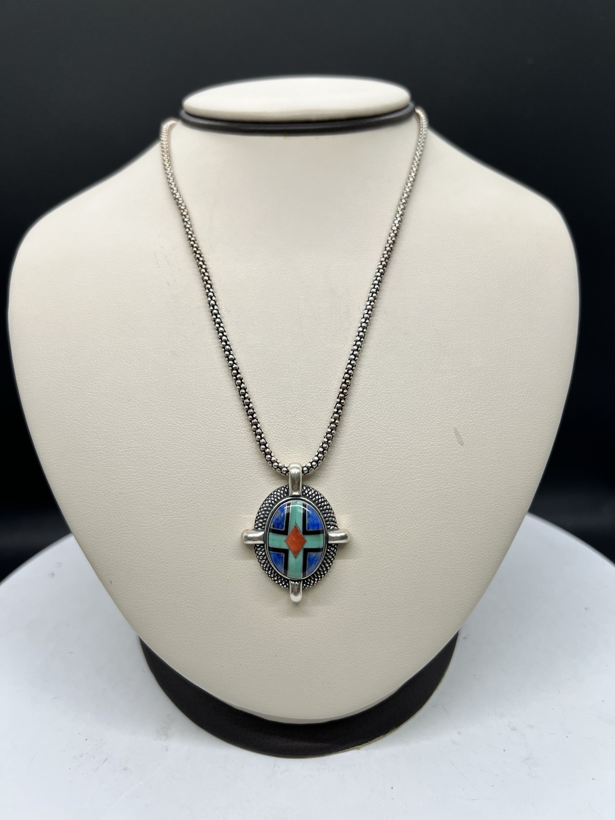 Carolyn Pollack Sterling Inlaid Lapis Stone Cross Pendant w/ 24” Popcorn Chain
