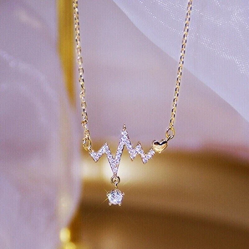 1.00Ct Lab Created Diamond Round Heartbeat Pendant 14K Yellow Gold Plated
