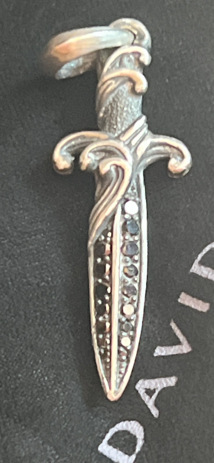 David Yurman Sterling Silver 925 Waves Dagger Amulet Pendant 2ct Black Diamonds