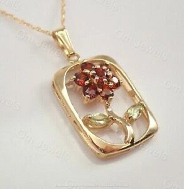 1Ct Round Cut Red Garnet Peridot Flower Pendant 14K Yellow Gold Over Free Chain