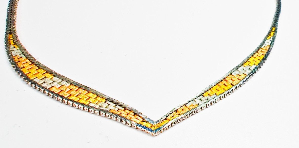 925 Italy Sterling Silver Tri Color Woven V Necklace 16″ Box Clasp 11.88g