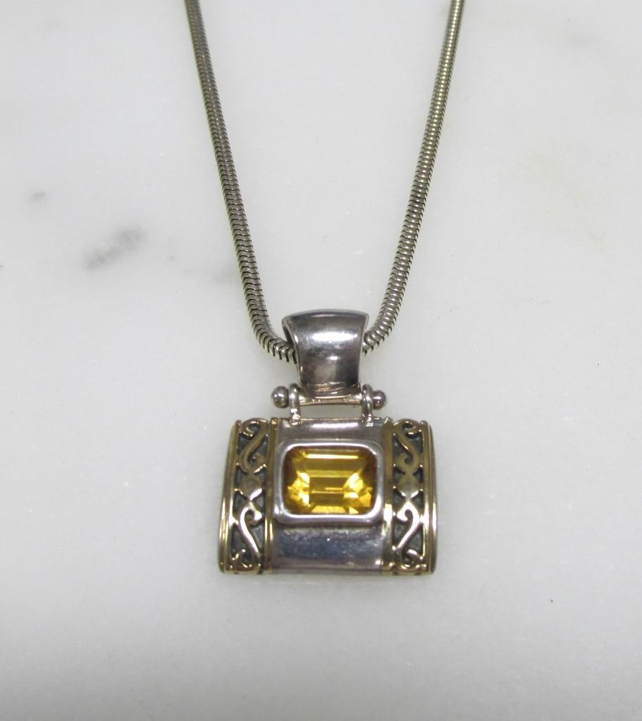 Unknown Yellow Stone Sterling Silver Pendant w/ 16″ Snake Chain ~ 12g ~ 5-K260