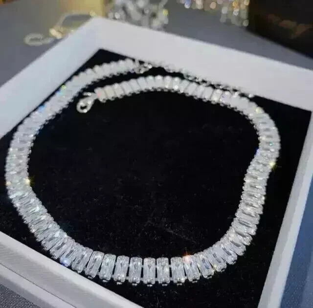 20Ct Emerald Cut Lab-Created Diamond Choker Necklace 14K White Gold Plated 18”