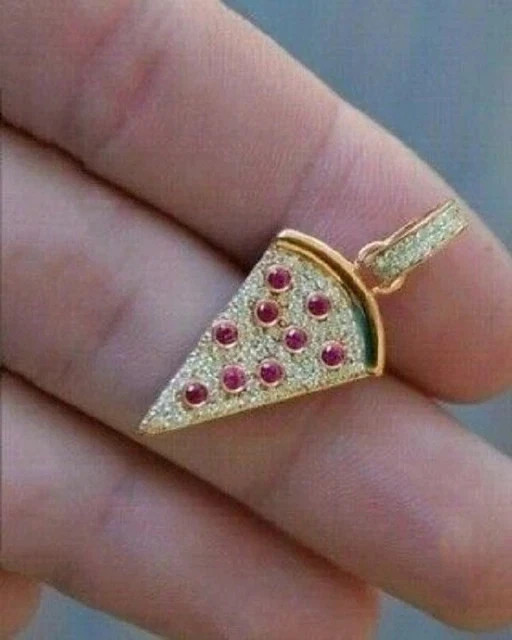 2.10Ct Round Cut Ruby/Diamond Pizza Slice Pendant 14K Yellow Gold Plated 18″