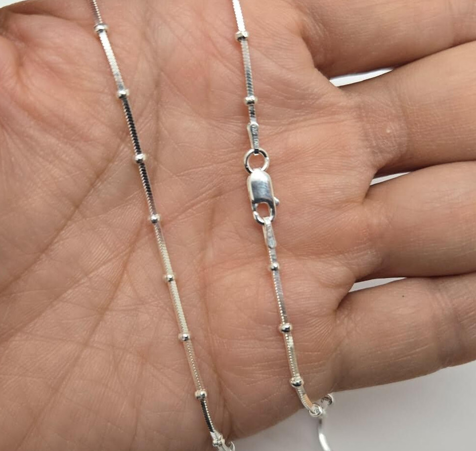 925 Sterling Silver Beaded Square Snake Station Chain Necklace 2mm 7″ to 20″