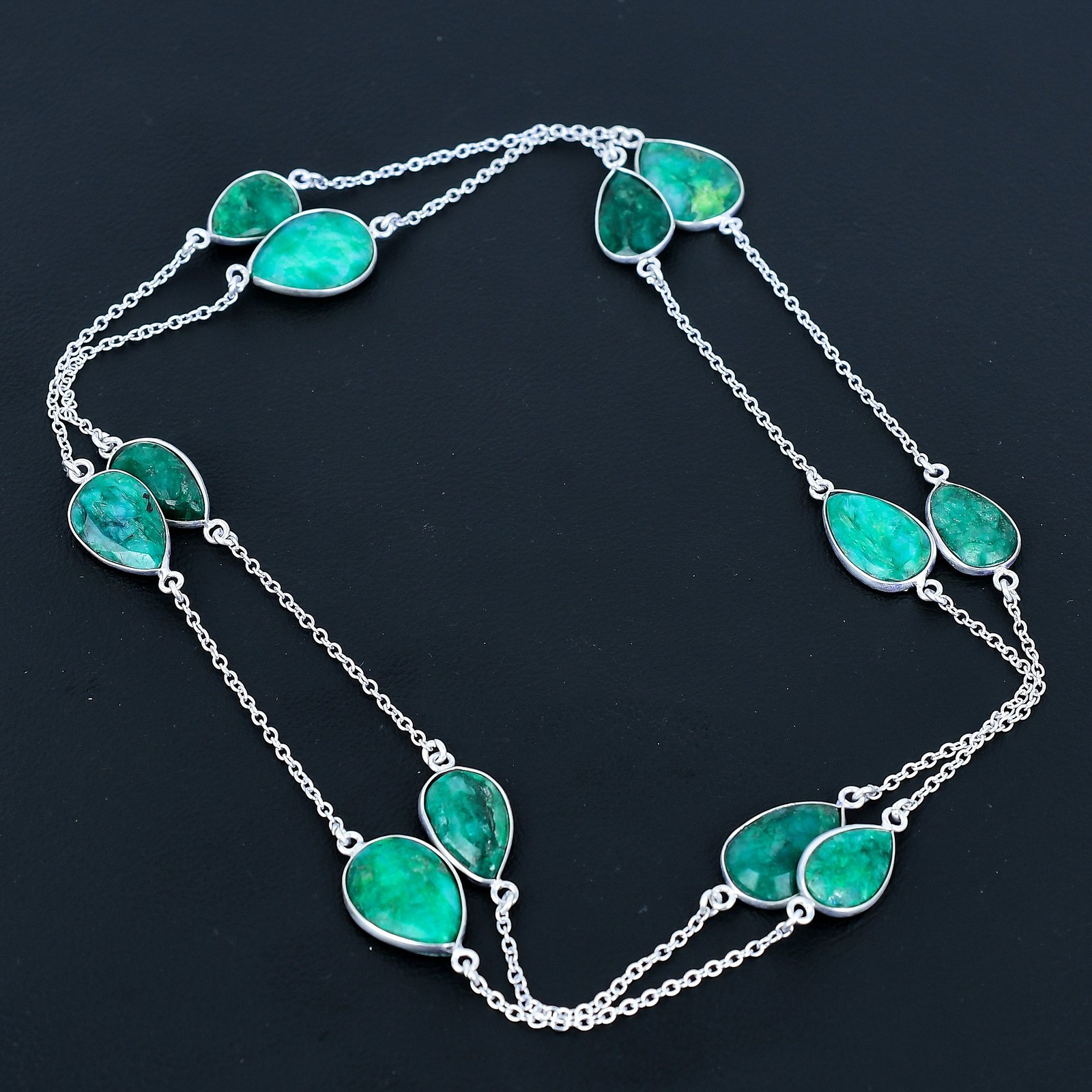 Sakota Mines Emerald Pear Gemstone 925 Sterling Silver Jewelry Necklace 36″ VJ 1