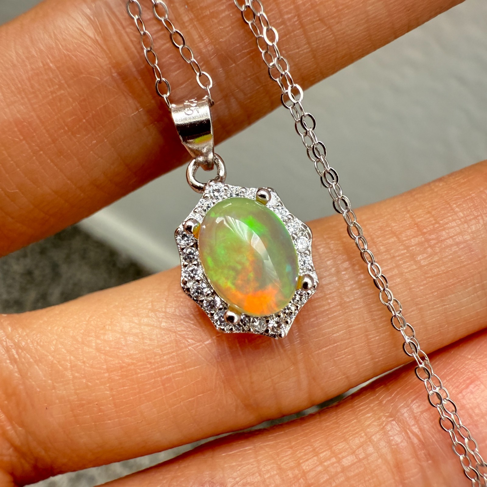 925 Sterling Silver Necklace 8x6mm Natural Opal Gemstone Zircon Flower Chain NEW