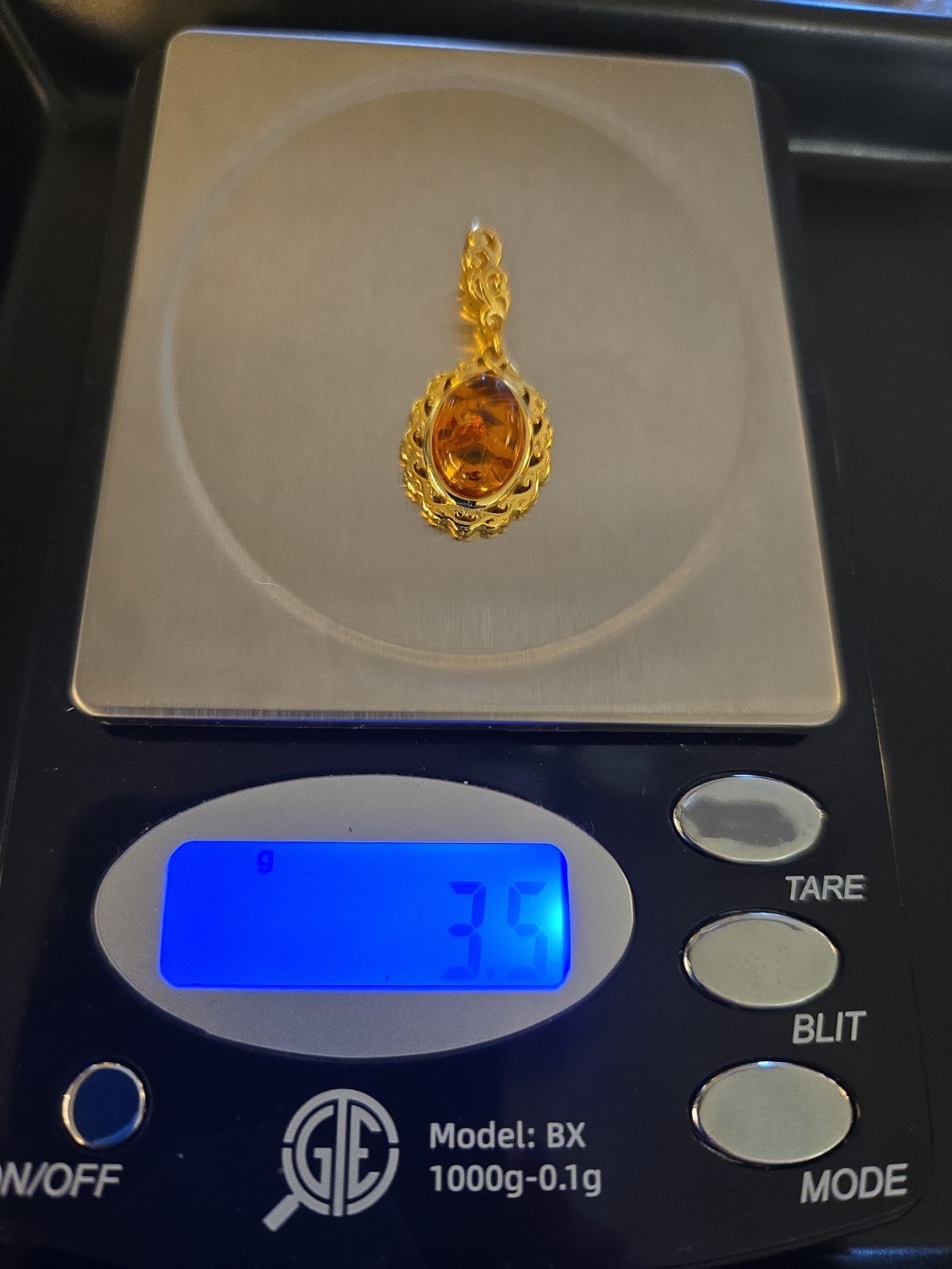 Baltic Amber Stone Pendant Open Scrollwork Vermeil ( Stamp 925) Signed 3.4 Grams