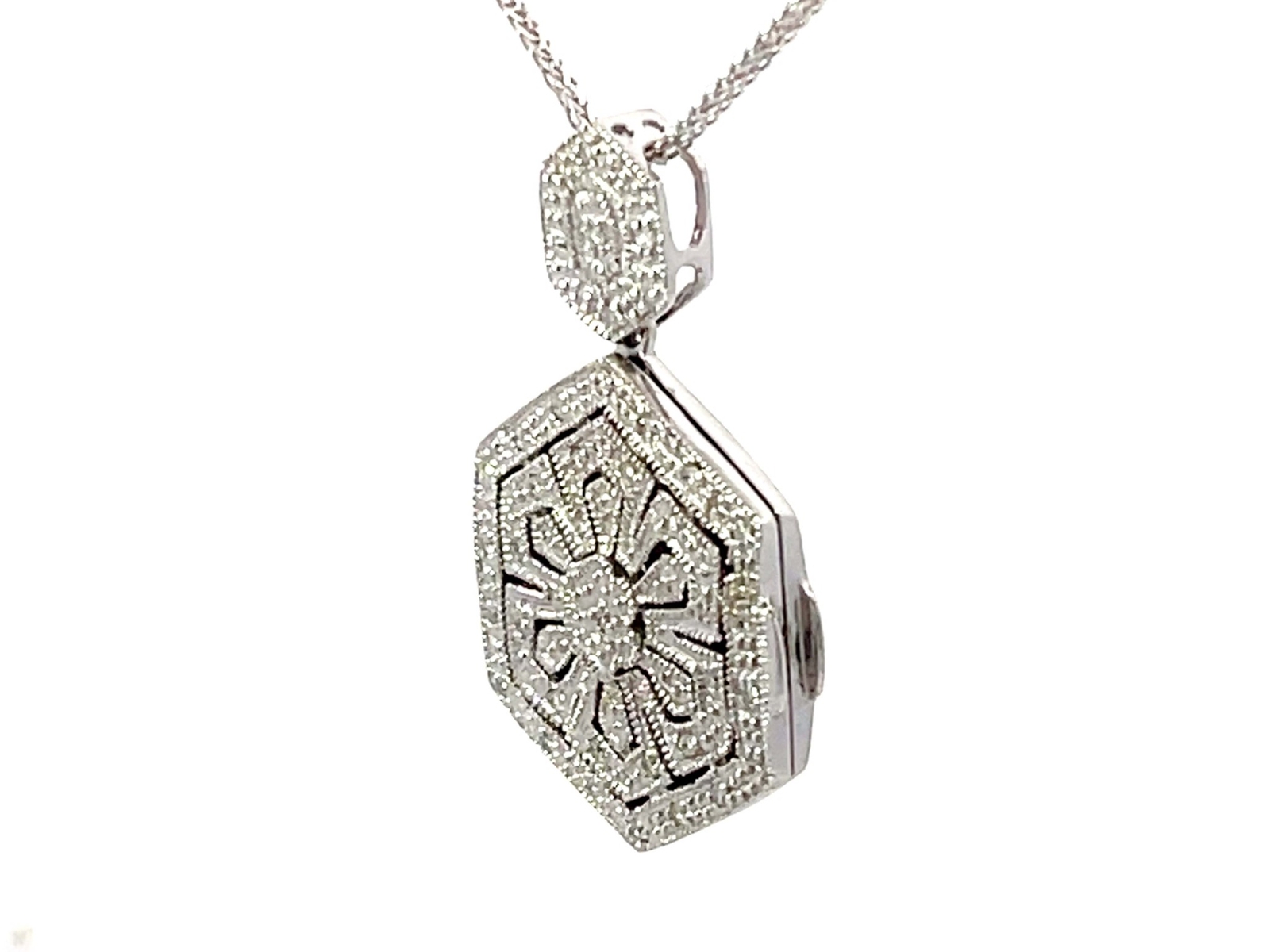 Solid 14K White Gold Hexagon Shaped Diamond Pendant and Chain
