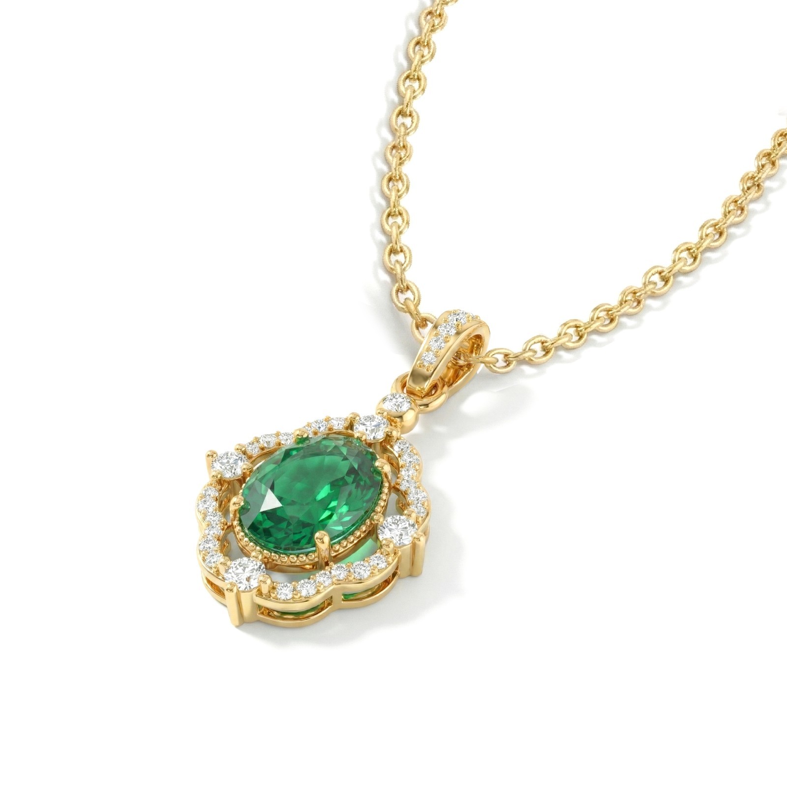 Oval Emerald Pendant Necklace, Green Emerald Halo Necklace, May Birthstone Gift