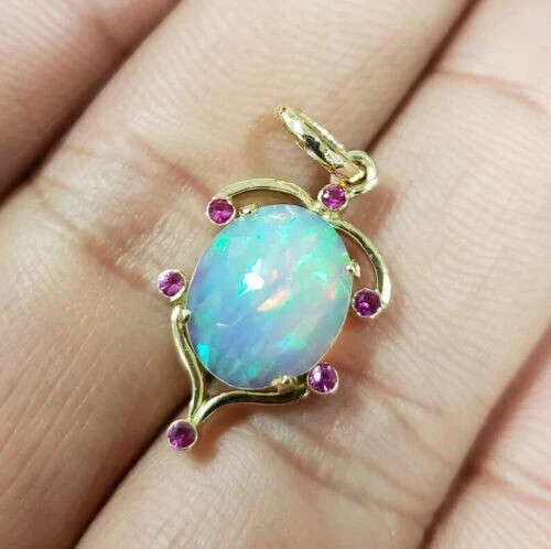 3Ct Oval Opal Ruby Diamond Solitaire Pendant With Chain 14K Yellow Gold Finish