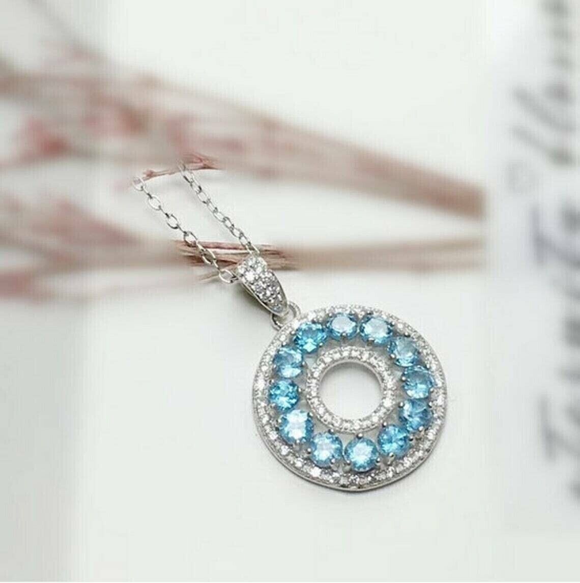 2.30Ct Round Lab-Created Blue Topaz Circle Pendant 14K White Gold Plated Silver