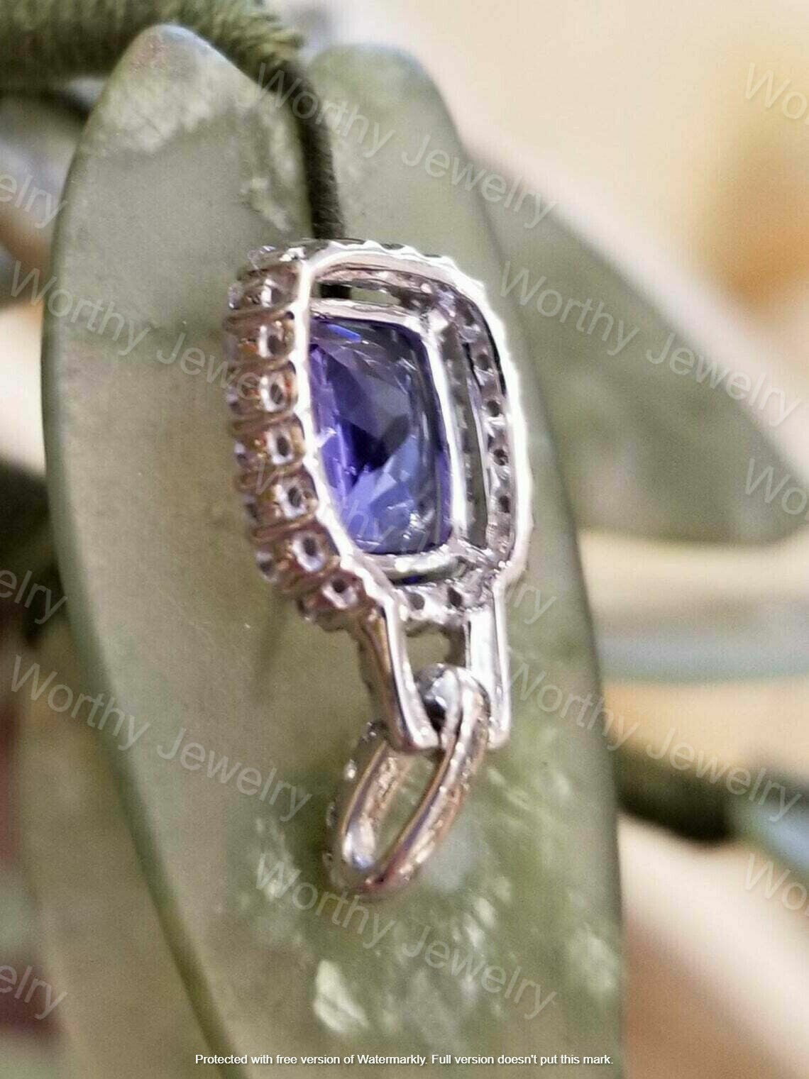 5Ct Cushion Cut Blue Tanzanite Diamond Pendant 14K White Gold Finish Free Chain