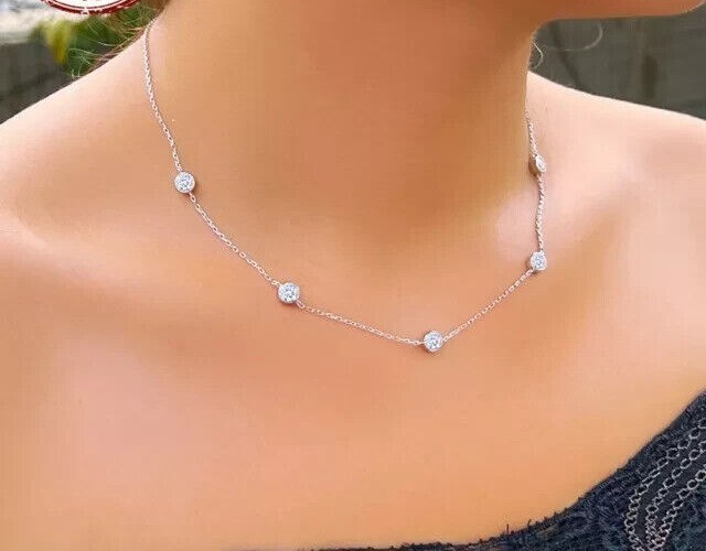 14k White Gold Round 1Ct Natural Diamond By The Yard Bezel Station Necklace 18″