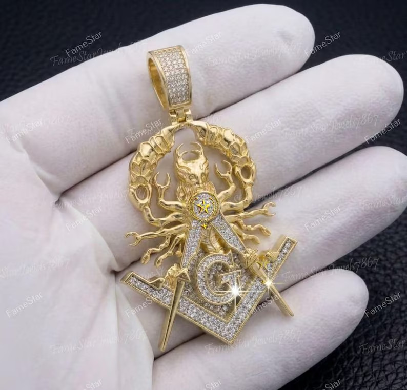 3.50ct moissanite Masonic symbol combined with a scorpion motif men’s pendant.