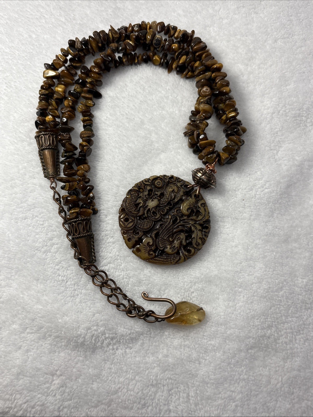 Dragon Pendant Tiger’s Eye Stone Polished Chip Bead Necklace Statement Jewelry