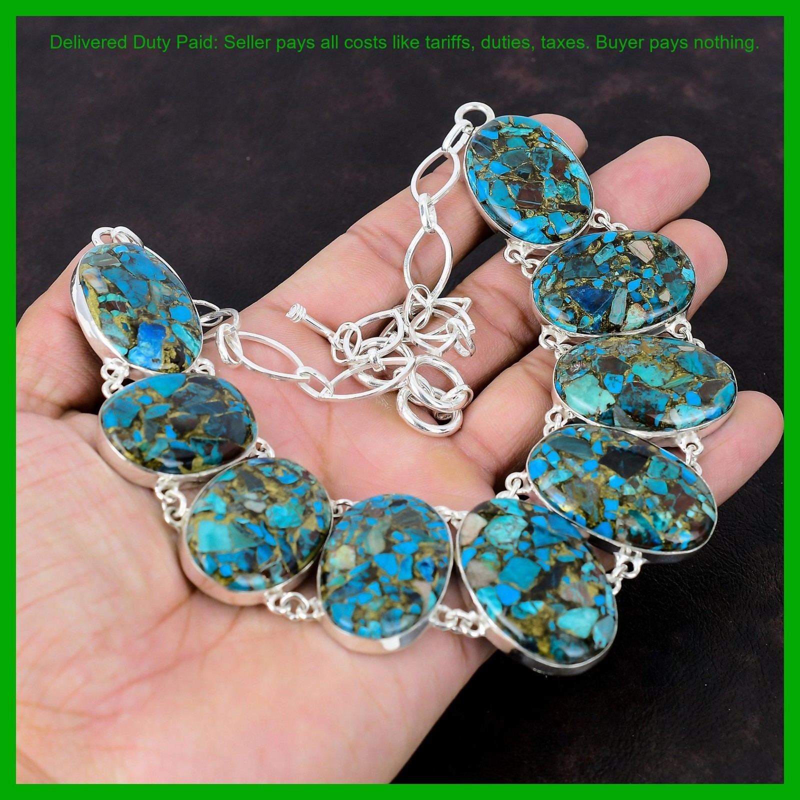925 Silver Copper Chrysocolla Stone Wedding Gift Bezel Chain Necklace Jewelry