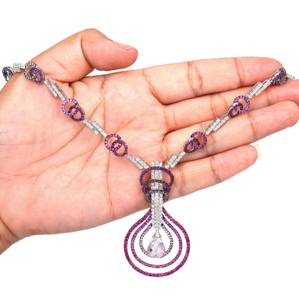 Estate CZ Diamond 17.20ct Pink Sapphire Amethyst 18K Gold Plated Necklace Silver