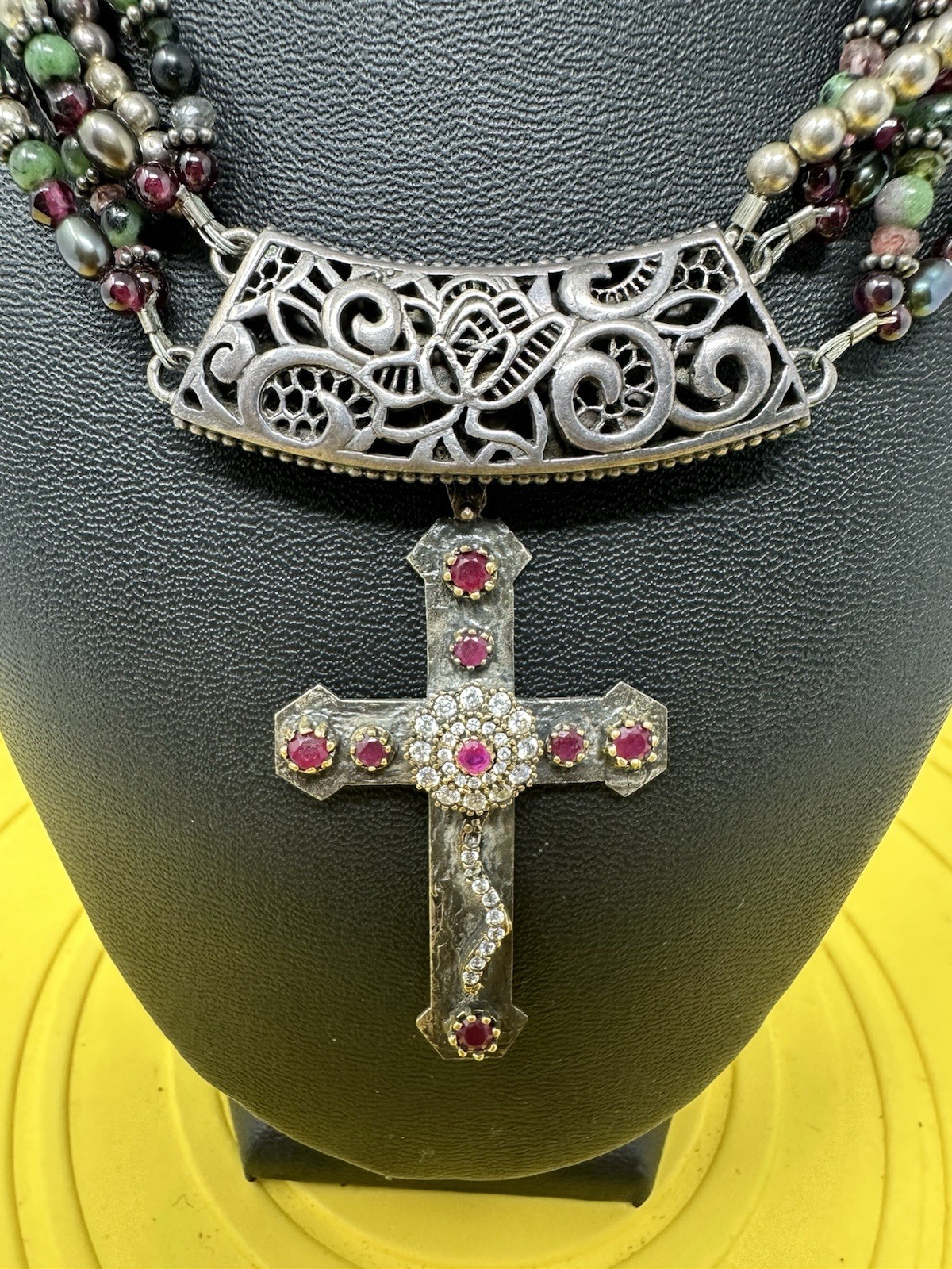 Sterling Silver Byzade Multiple Gemstone Cross Choker Necklace Elegant 87g 14in+