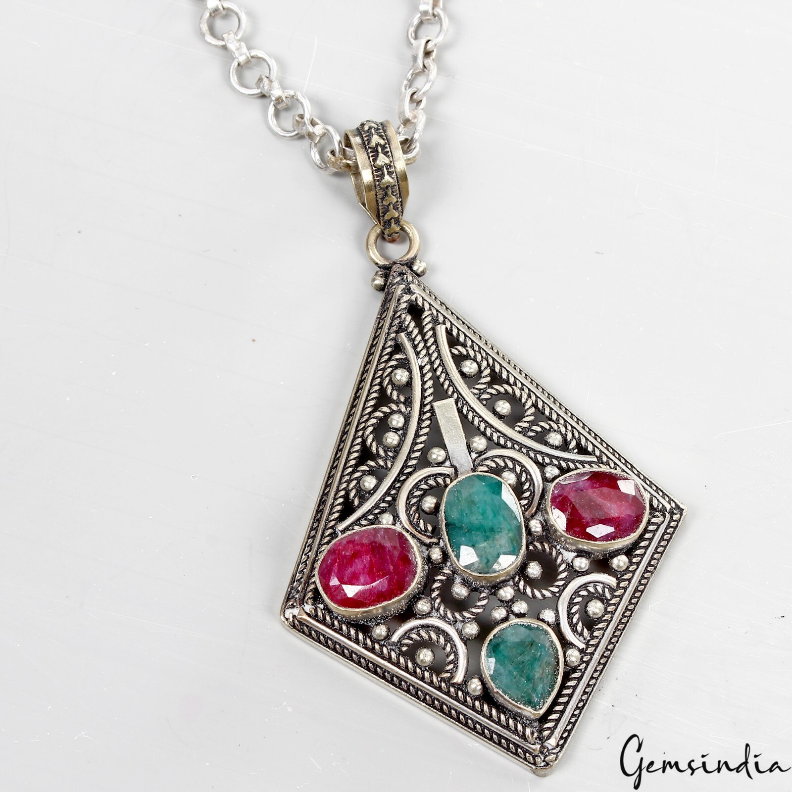 22.5g Multi Color Gems Hand Crafted German Silver Pendant Women Jewelry 3.25inch