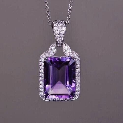 Lab-Created Amethyst 2.10Ct Emerald Cut Halo Pendant 14K White Gold Plated Chain