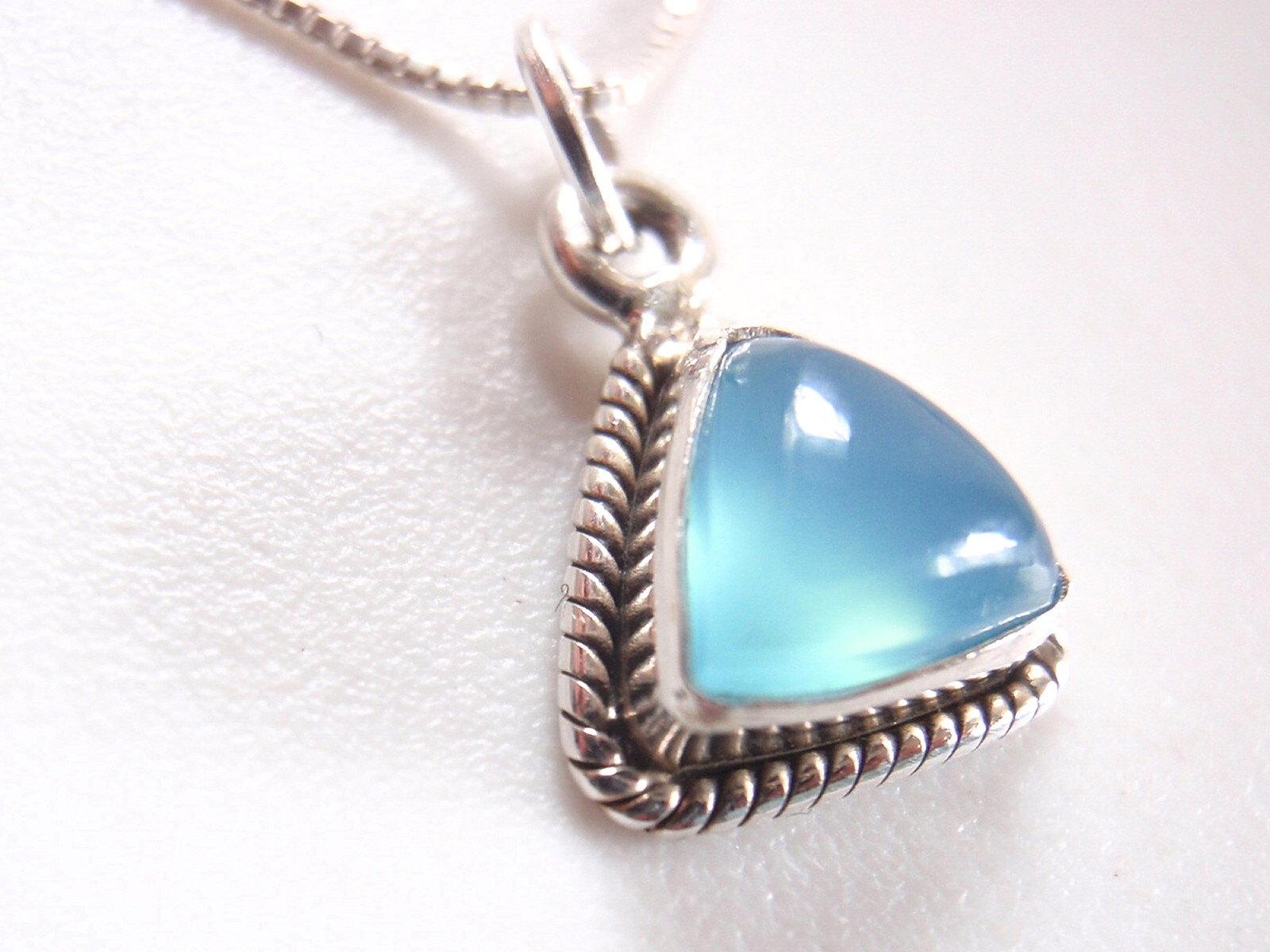 Very Small Chalcedony Triangle w/ Rope Style Accents 925 Sterling Silver Pendant