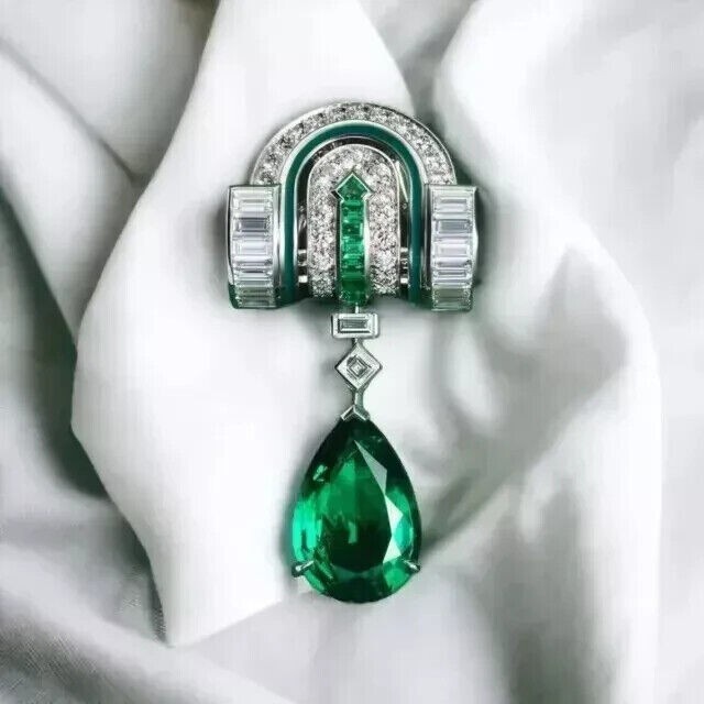 2.90Ct Pear Cut Lab-Created Emerald Teardrop Brooch Pin 14K White Gold Plated