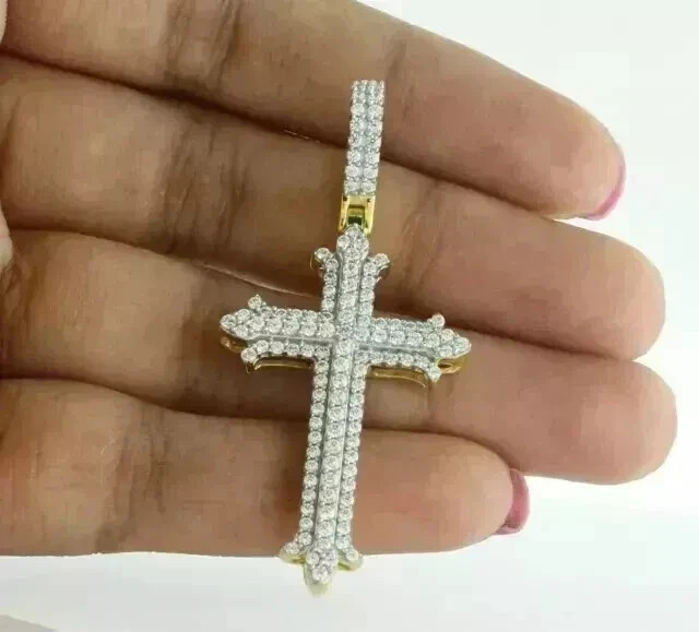 1.30Ct Round Cut Real Moissanite Cross Pendant 14K Yellow Gold Plated 18 Chain