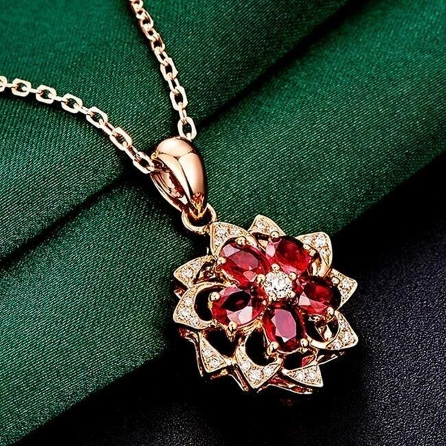 2.20 Ct Oval Cut Red Ruby Flower Shape Pendant with Chain 14K Rose Gold Finish