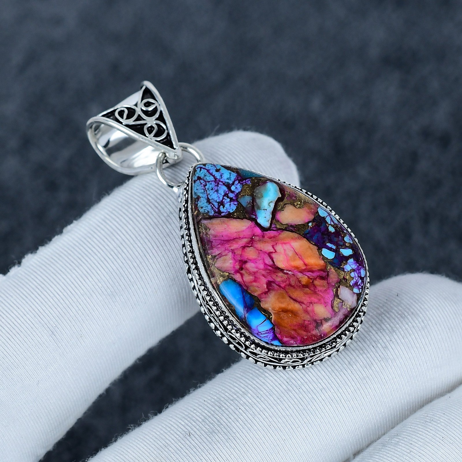 Kingman Pink Spiny Oyster Gemstone Pendant 925 Sterling Silver Handmade Jewelry