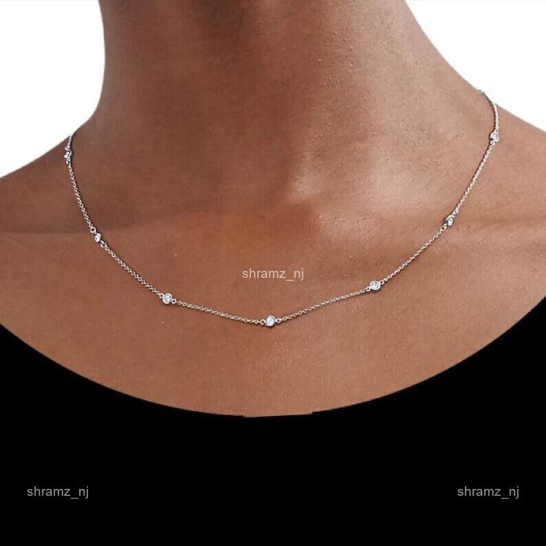 Brilliant Cut Diamond Station Mother’s Day Necklace Jewelry 14K Solid White Gold