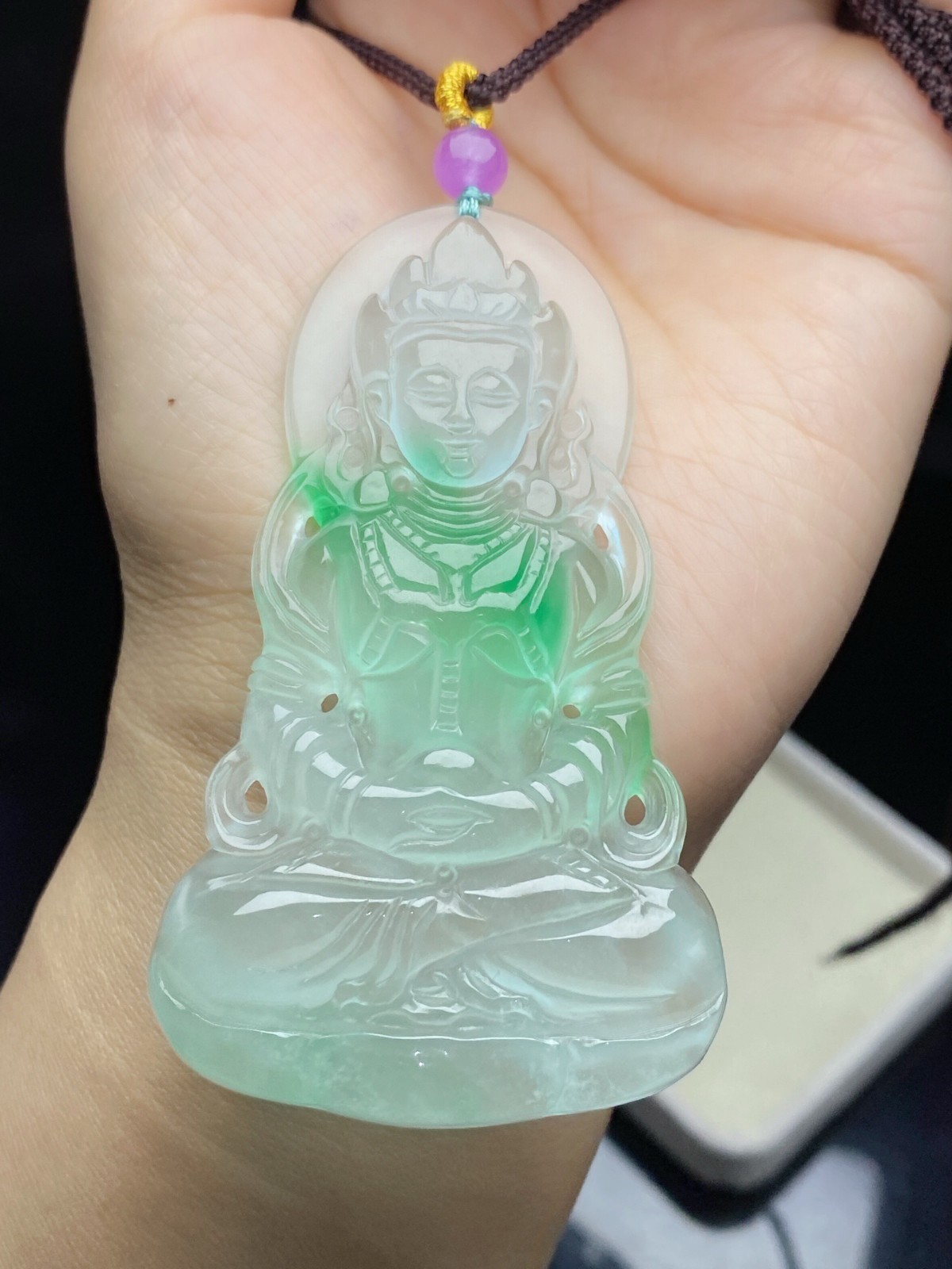 Natural Jadeite light green Carved Guanyin Lucky big Pendant jade Amulet 观音