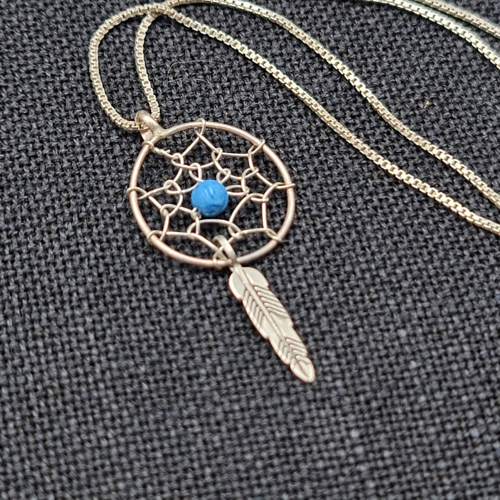 Dream Catcher Sterling Silver Necklace 925 Blue Stone Metal Feather 16″