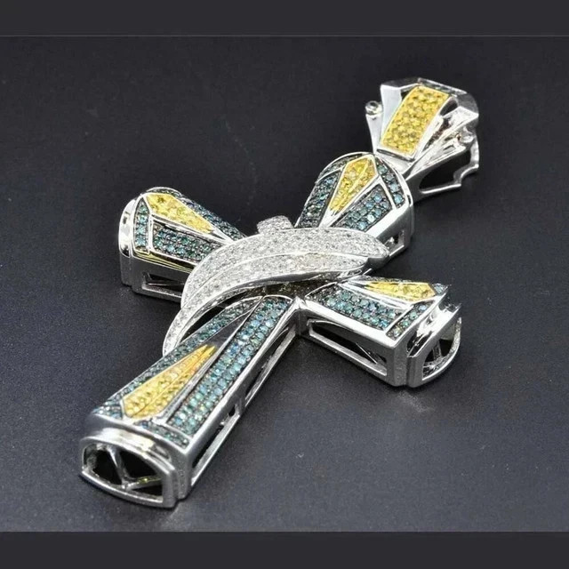 Men’s 2Ct Blue & Yellow Lab Created Diamond 14K White Gold Plated Cross Pendant