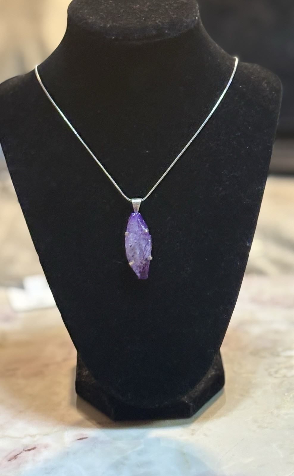 Sterling Silver 925 Necklace with Rough Purple Dyed Quartz Asymmetrical Pendant