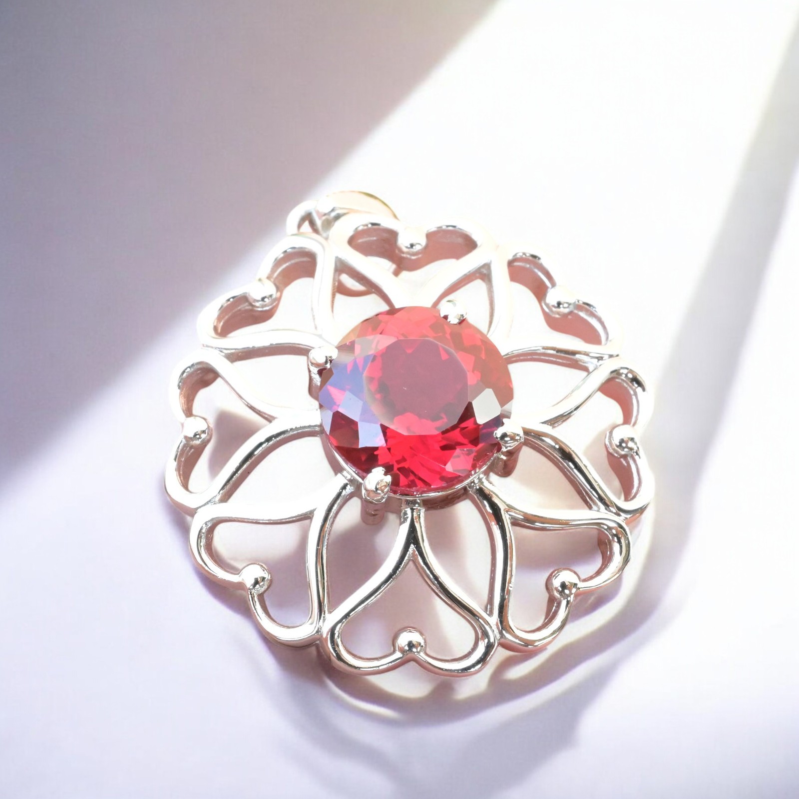 Certified Red Ruby 32 Ct Flower Shape Pendant Necklace 925 Sterling Silver MG002