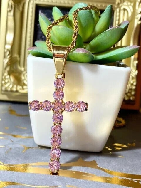 3.20Ct Round Cut Lab Created Sapphire Cross Pendant In 14K Yellow Gold Plated