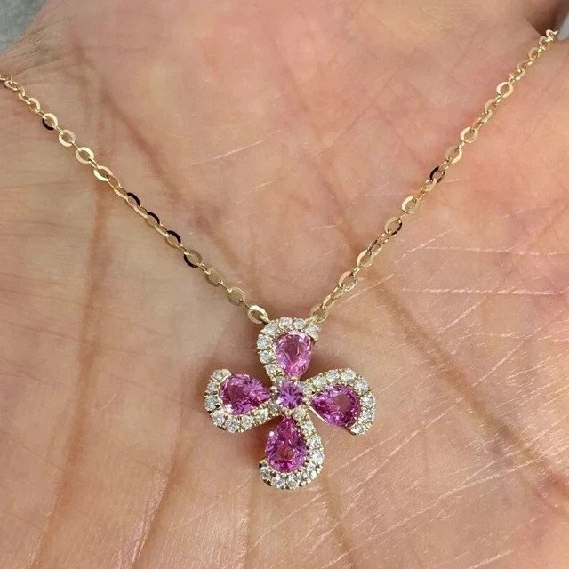 1.30Ct Pear Cut Lab Created Pink Sapphire Flower Pendant 14K Yellow Gold Plated