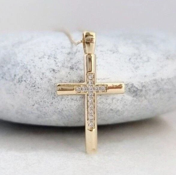 Moissanite Cross Pendant 2CT Round Cut 14K Yellow Gold Plated