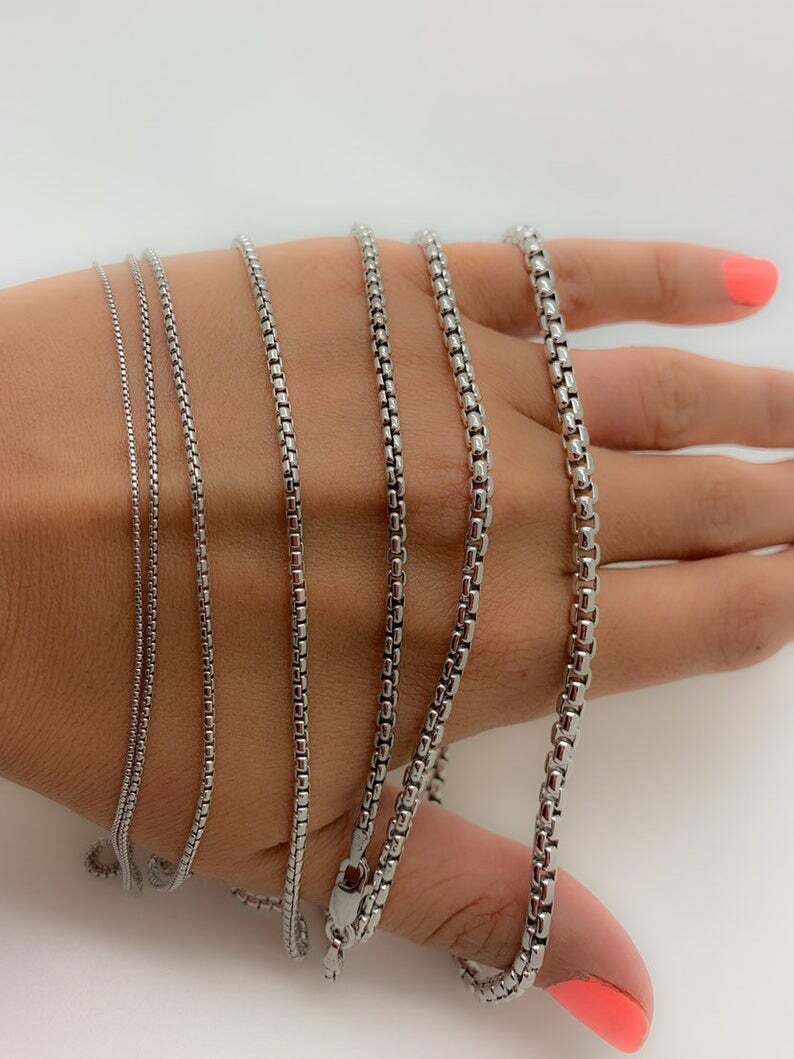 925 Solid Silver Round Box Necklace,Italian Silver,.8mm,1mm,1.6mm,2mm,2.5mm,3mm