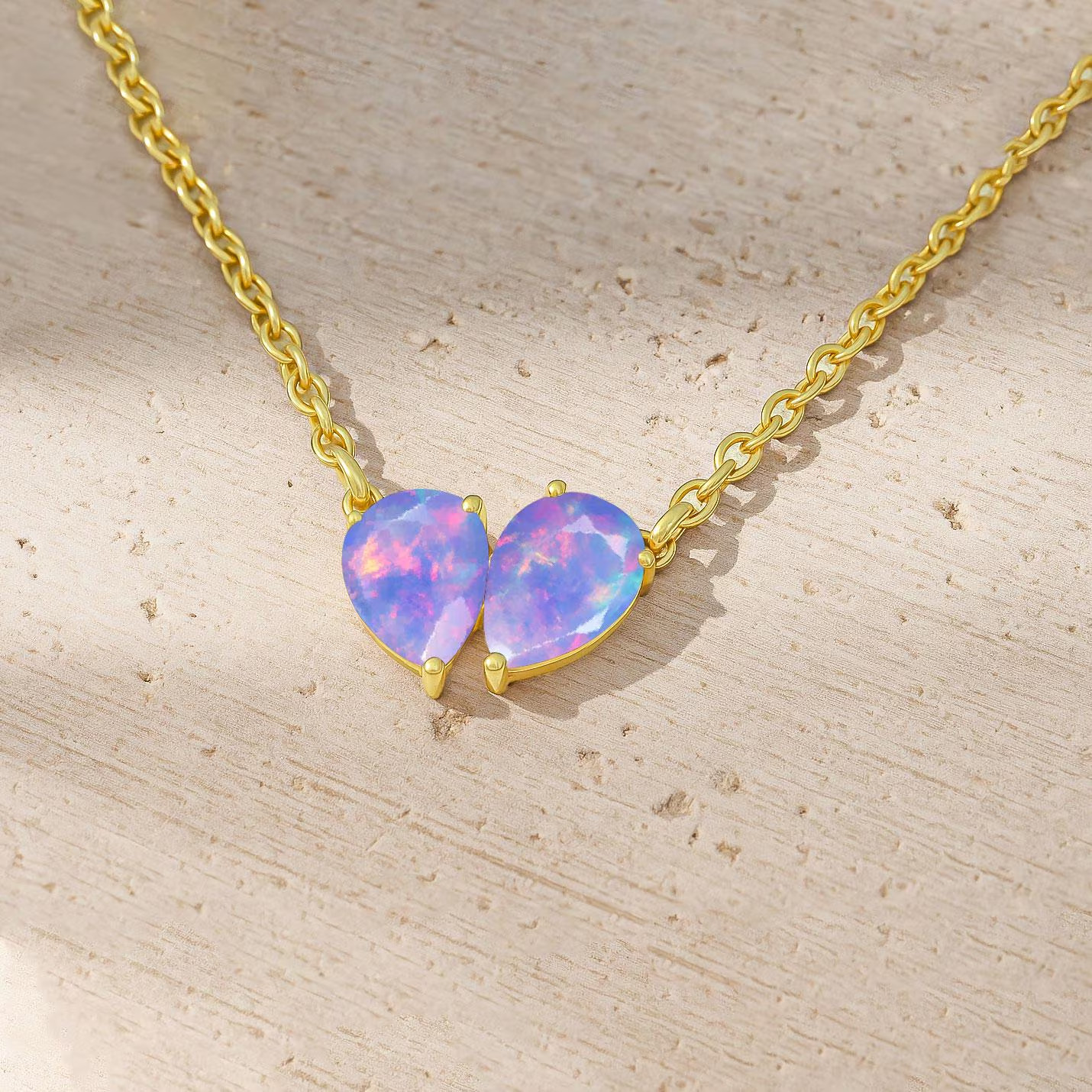 Lavender Opal Dual Pear Gemstone Necklace, Genuine Opal Chain Pendant Necklace