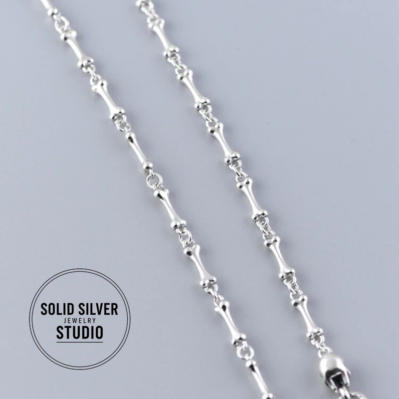 S925 Authentic Sterling Silver Skull&Bone Link Chain Punk Gothic Biker Necklace